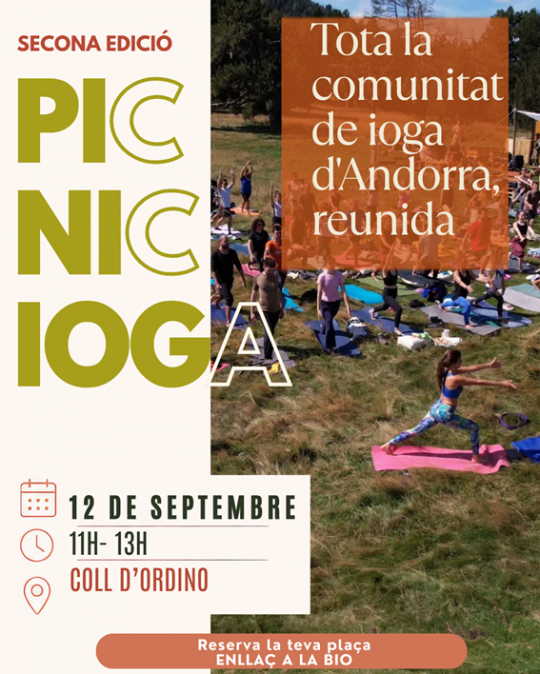 Pràctica de ioga a l'aire lliure amb participants al Coll d'Ordino