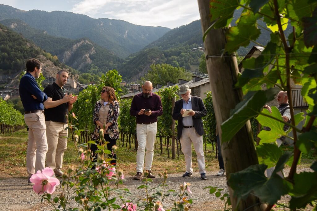 Grupo de personas discutiendo en un viñedo en Andorra