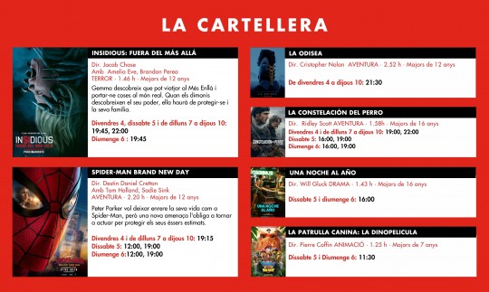 Cartelera de películas en los Cinemes Illa Carlemany del 4 al 10 de septiembre de 2026.