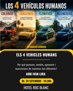 Cartel de la xerrada sobre diversitat humana con vehículos representativos