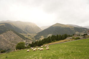 Paisaje montañoso con prados y heno en Andorra