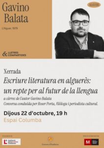 Cartel de una charla sobre literatura en alguerés, con retrato de Gavino Balata.