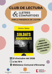Cartel gráfico del club de lectura Lletres Compartides con el libro Soldats abandonats.
