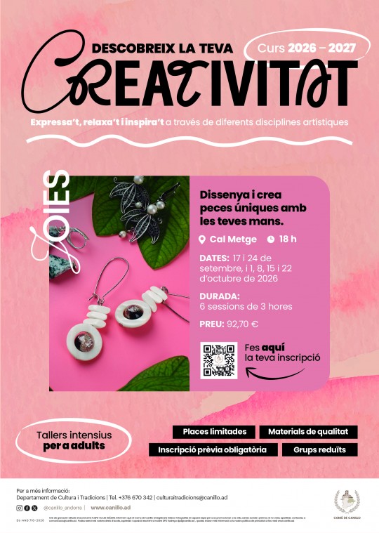 Cartel gráfico rosa anuncia un curso de creatividad y muestra piezas de joyería sobre fondo fucsia