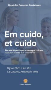 Cartel de Em cuido, et cuido con dos mujeres y datos de una actividad abierta.