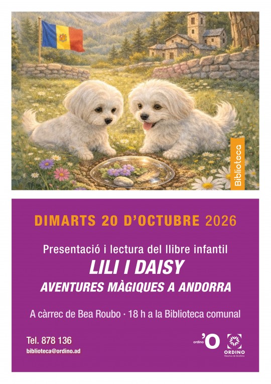 Cartel ilustrado con dos cachorros y anuncio de presentación de un libro infantil en Ordino.
