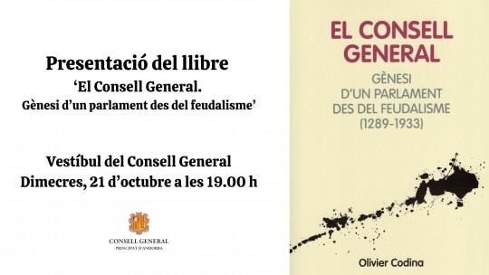 Cartel de presentación del libro El Consell General, con título, autor y datos del acto.