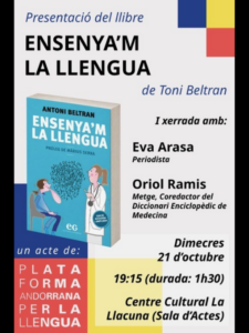 Cartel de la presentación del libro Ensenya’m la llengua, con datos del acto.