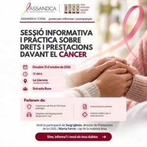 Cartel en catalán anuncia una sesión informativa sobre derechos y prestaciones ante el cáncer.