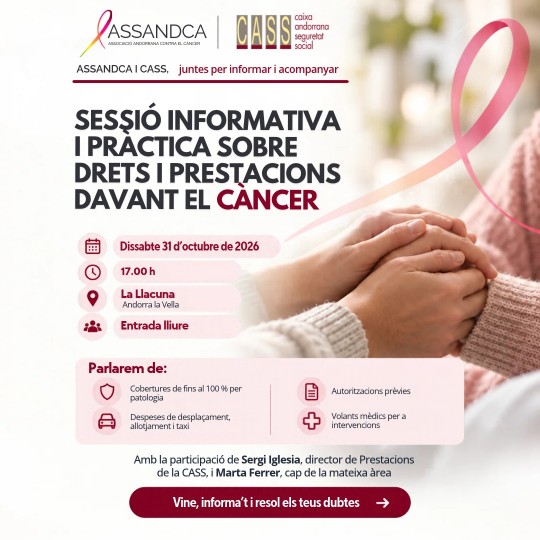 Cartel en catalán anuncia una sesión informativa sobre derechos y prestaciones ante el cáncer.