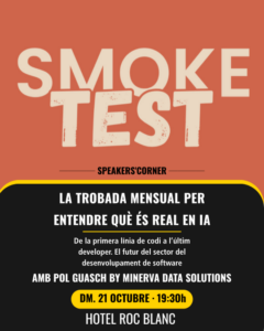 Cartel gráfico de una trobada mensual de Speakers’ Corner sobre inteligencia artificial y software.