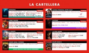 Gráfico rojo con la cartelera de cine y varios títulos, horarios y fechas de proyección.