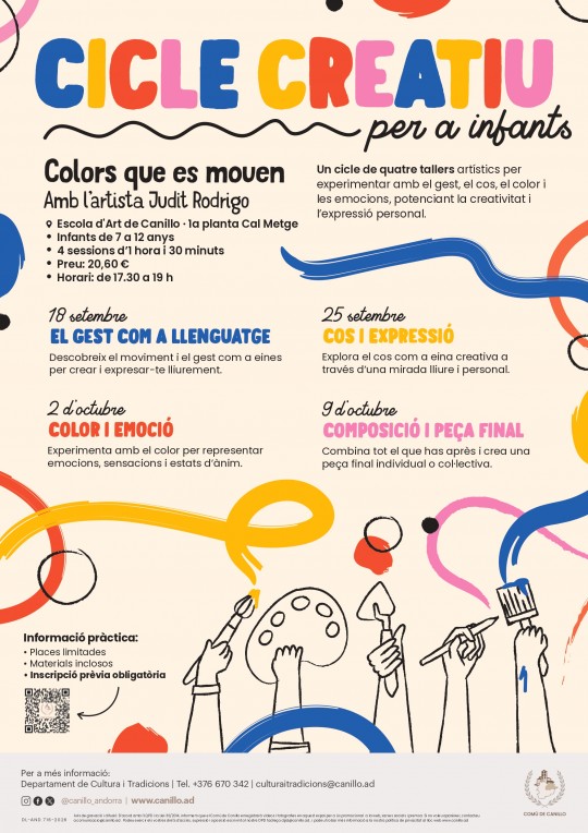 Cartell del cicle creatiu per a infants amb informació sobre tallers.