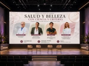 Escenario de conferencia sobre salud y belleza en Andorra con ponentes destacados.
