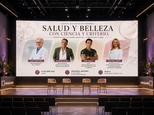 Escenario de conferencia sobre salud y belleza en Andorra con ponentes destacados.
