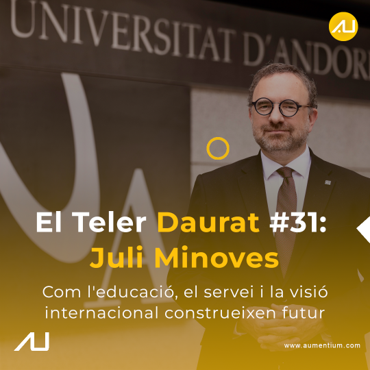 Gráfico promocional con un hombre de traje junto al texto El Teler Daurat número 31, Juli Minoves.