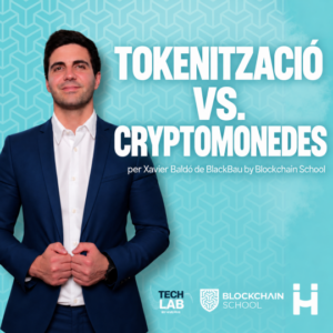 Cartel gráfico sobre tokenización y criptomonedas, con un hombre en traje y varios logotipos.