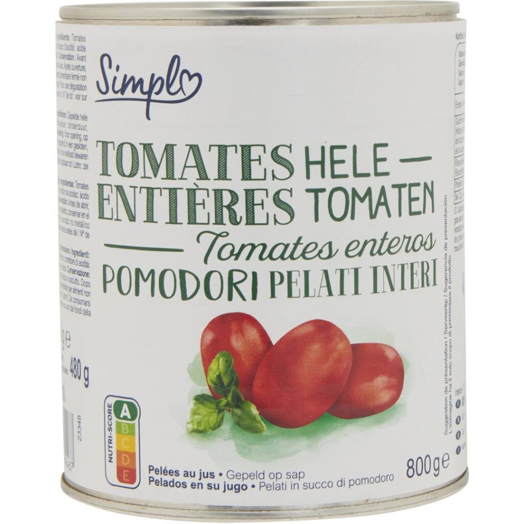 Lata de tomates enteros pelados en su jugo de la marca Simpl