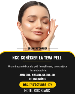 Mujer aplicando crema en su rostro durante una charla sobre salud de la piel